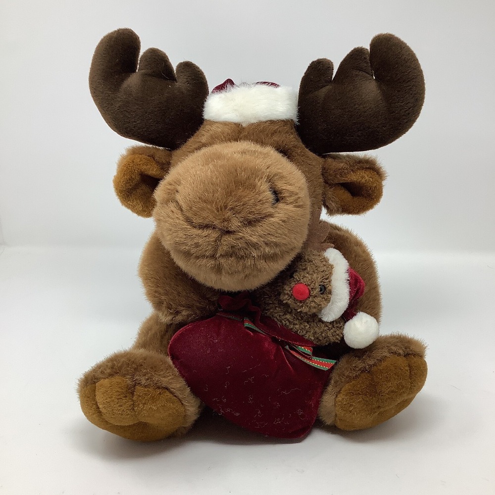 Walmart Christmas Reindeer Moose Brown Plush Stuffed Animal Santa Hat Toy Bag
